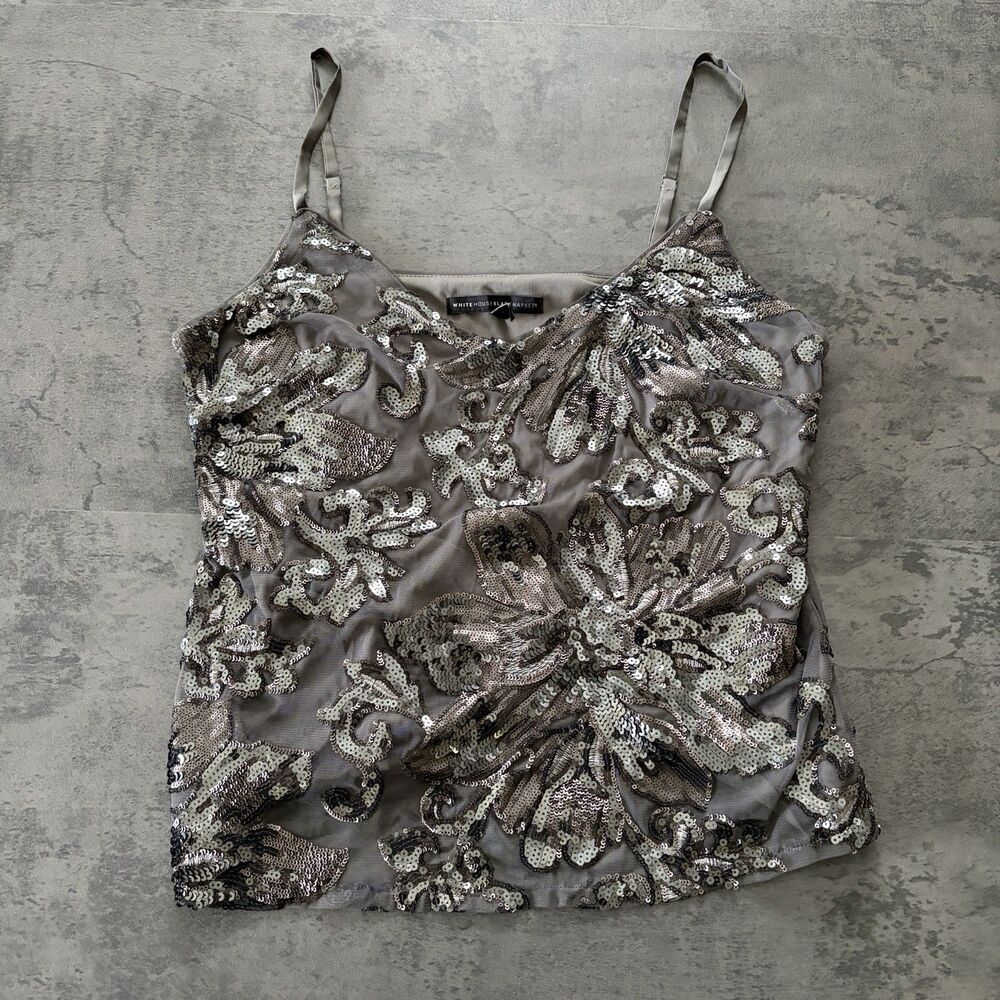 White House Black Market Gray Sequin Floral Cami Tank Size Large Festival